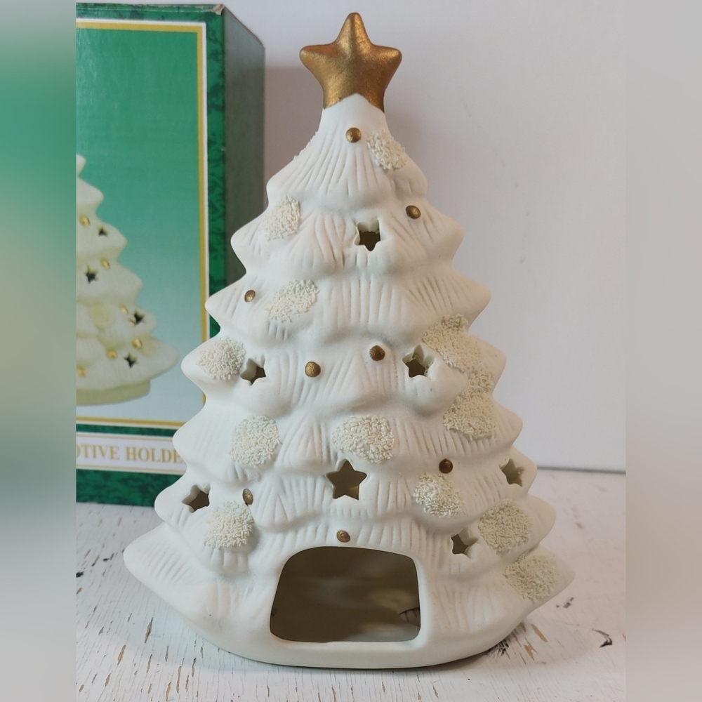 Vintage Matte Ceramic Christmas Tree Votive Holder White w Gold Star Decoration - Picture 7 of 11
